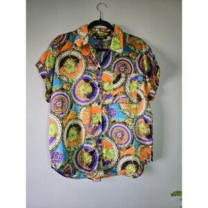 Julia Button Front Blouse Large Baroque Chain Scarf Print Retro Statement Top